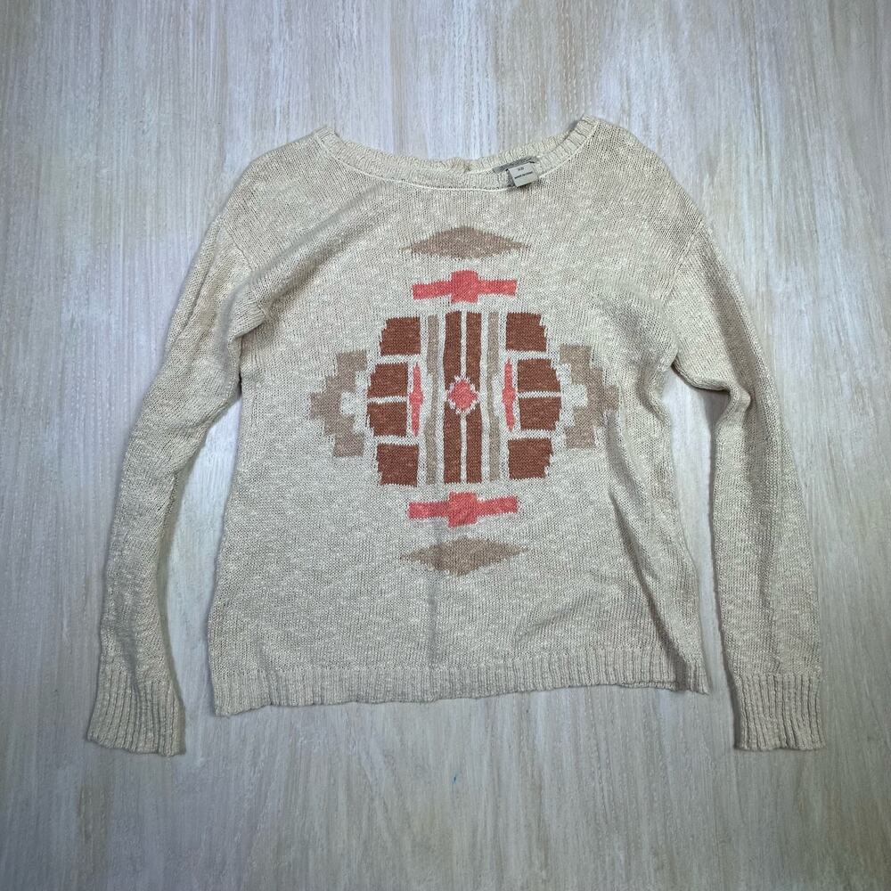 Lucky Brand Beige Crew Neck Tribal Boho Chic Rustic Knit Pullover Sweater XS